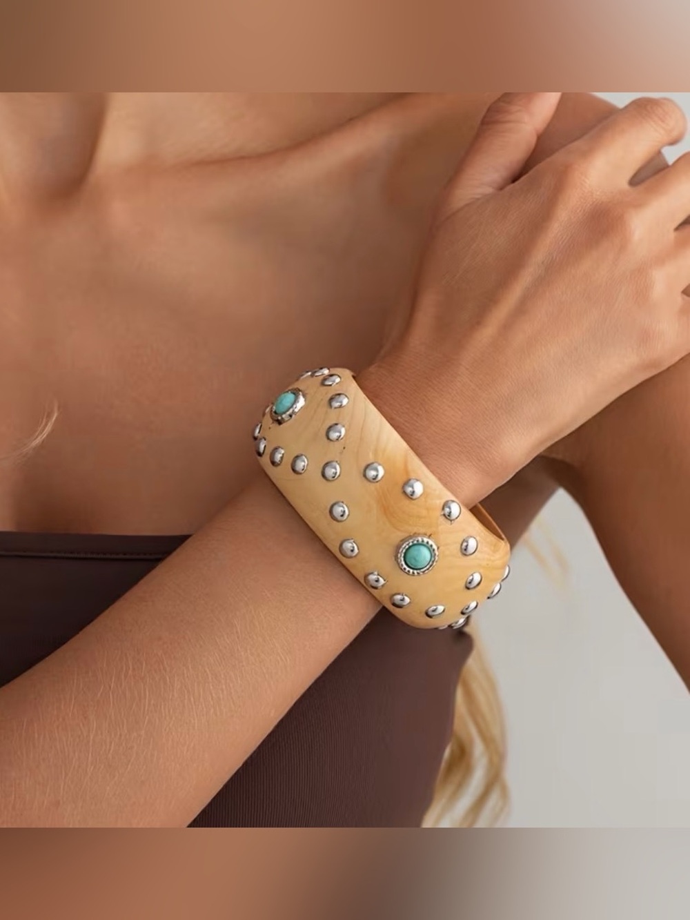 Western Bracelet Turquoise Studded Wood Bangle Bracelet